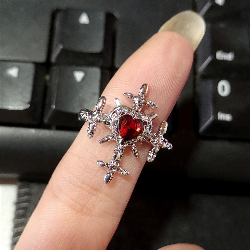 Lunivop Punk Aesthetic Red Zirconia Heart Cross Open Ring Women Hip Hop Grunge Halloween Aesthetic Gothic Rave EMO Jewelry Accessories