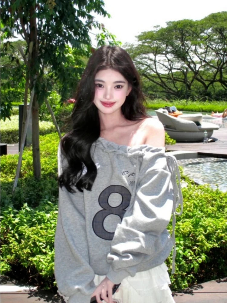 Lunivop  American Vintage Loose Pullover Hoodie Women Autumn Sexy Lace Up Sweatshirts Casual All-match Japanese Sweet Top Letter Hoodies