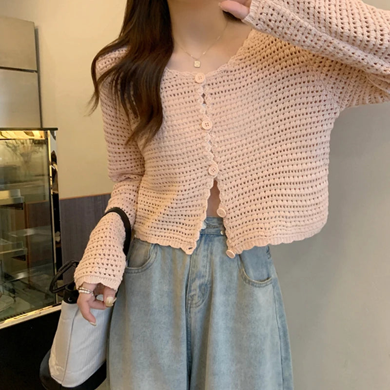 Lunivop Women Button Up Short Cardigan Knitted Shirt Hollow Out Crochet Crop Top Long Sleeved Thin Cover Up Teen-girl Casual Outfit
