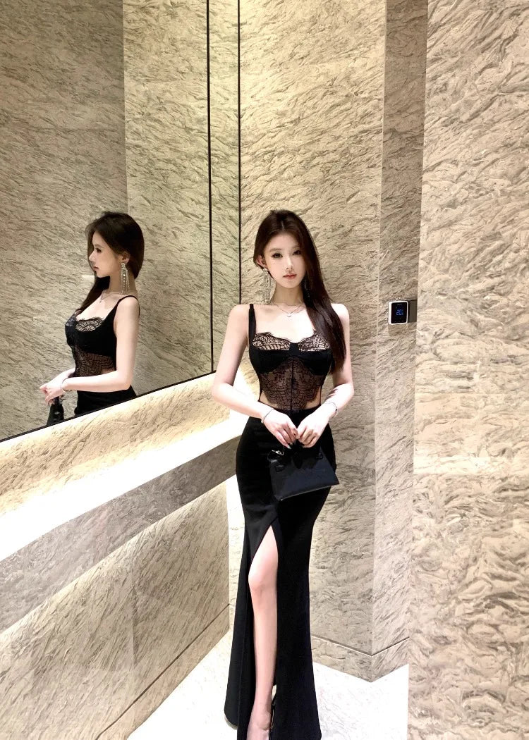Lunivop  Temperament Dresses Women Sexy Lace Patchwork Hollow Out Split Slim Backless Elegant Party Dress Female Fashion Cocktail