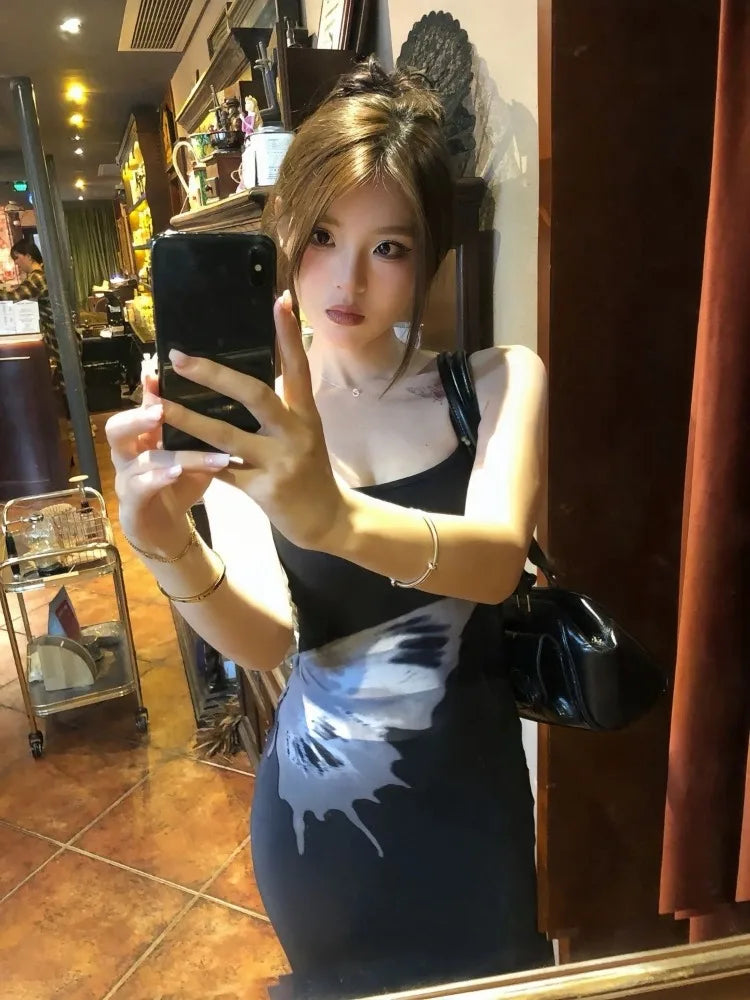Lunivop  Y2k Butterfly Print Mesh Camisole Dress for Women Sexy Slim Waist Bodycon Dresses 2025 Summer New Black Vestidos Mujer