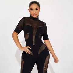 Lunivop Autumn Sexy Nightclub Patchwork See Through Skinny Jumpsuits Women Half High Collar Short Sleeve Spicy Girls Party Rompers