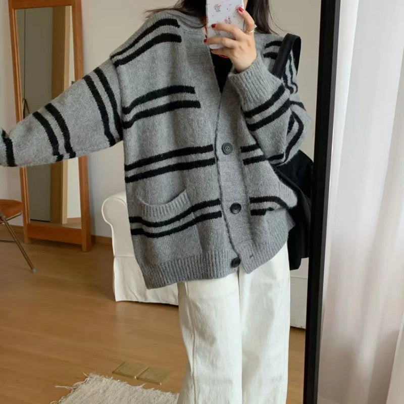 Lunivop Women Cardigan Sweater Striped V-neck Button-up Sweater Jacket Comfy Cozy Slouchy Cardi Autumn Winter Casual Outfit
