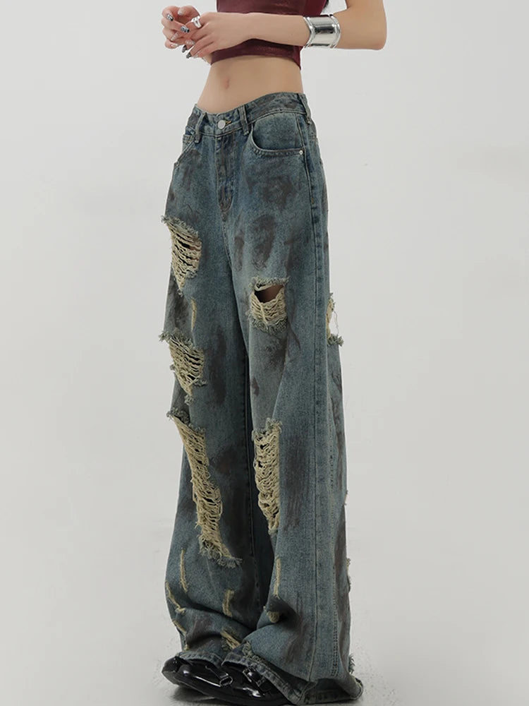 Lunivop  Streetwear Hole Y2K Jeans Women Vintage American High Waist Harajuku Denim Pant Loose Hip Hop Design Lady Wide Leg Trousers