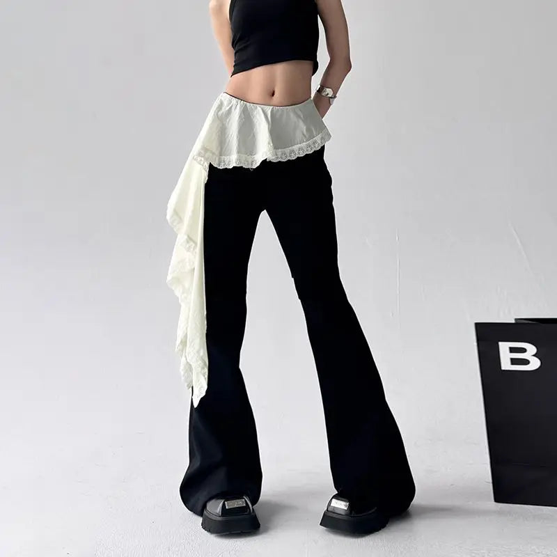 Lunivop  Lace Patchwork Lace Up Pants for Women New Slim Fit Fake Two Piece Flare Pants Y2k High Waist Black Straight Trousers
