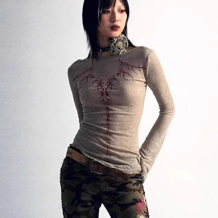 Lunivop  American Slim Fit Printed T-shirt for Women 2025 Early Spring New Bottoming Tops Mujer Y2k Long Sleeved O-neck Tee Shirt