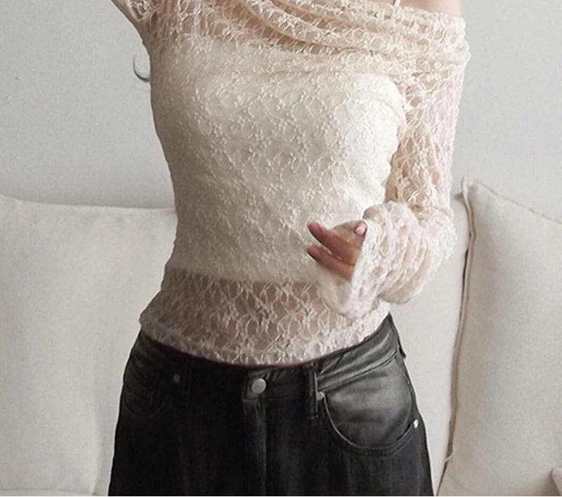 Lunivop  Transparent Lace Crop Top Asymmetrical Off-shoulder Long Sleeve Smock T-shirts Women Summer Casual Tees y2k Vintage Tees