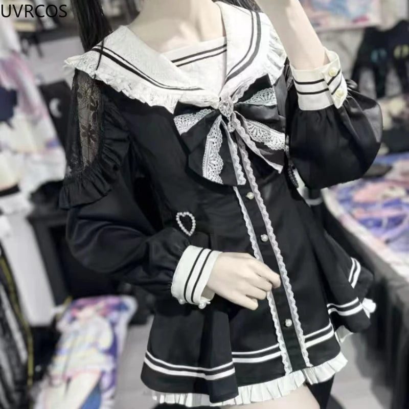 Lunivop  Japanese Style Gothic Y2k Lolita Bow Dress Shorts Set Women Vintage Sweet Long Sleeve Button Shirt Party Dresses Slim Mini Dress