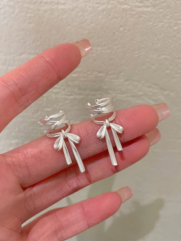 Lunivop Korean Fashion White Ribbon Bow Exquisite Copper Earrings for Women Simple Elegant Ear Clip Party Jewelry Wedding Gifts