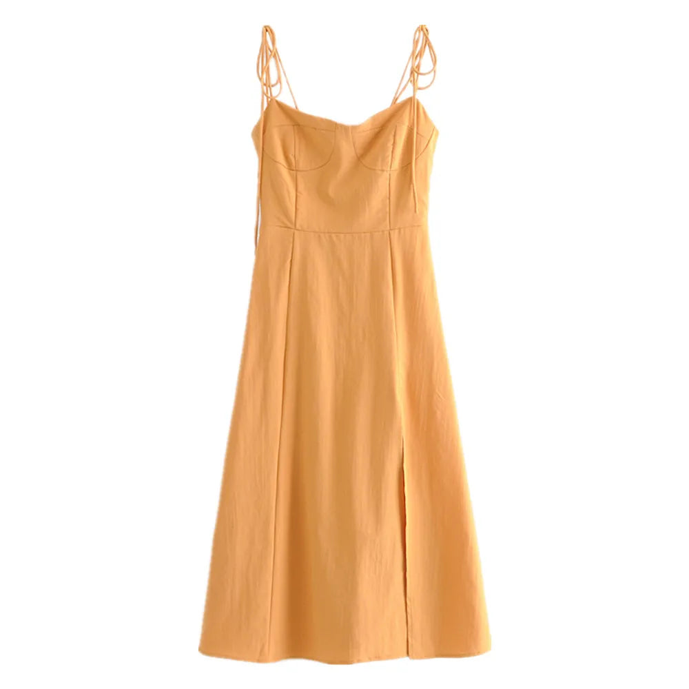 Lunivop  Sexy Solid Yellow Corset Style Bow Lacing up Strap Sling Dress Retro French Style Women Hem Slit Midi Long Dresses Holiday Robe