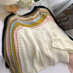 Lunivop Crochet Cardigan for Women Sheer Openwork Knit Long Sleeve Button Up Crop Top Teen-girl Shrug Cardigan Autumn Spring Y2K Outfit