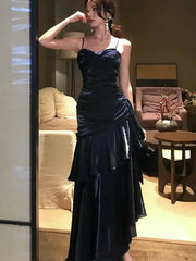Lunivop Vintage Blue Elegant Sexy Backless Ruffles Long Dresses French  Pleated Slip Sleeveless Vestidos Birthday Evening Party Dress