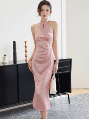 Lunivop  Women Pink Acetate Satin Elegant Jacquard Long Dress Summer Sleeveless Chic Neck-mounted Dress Korean Luxury Evening Dress