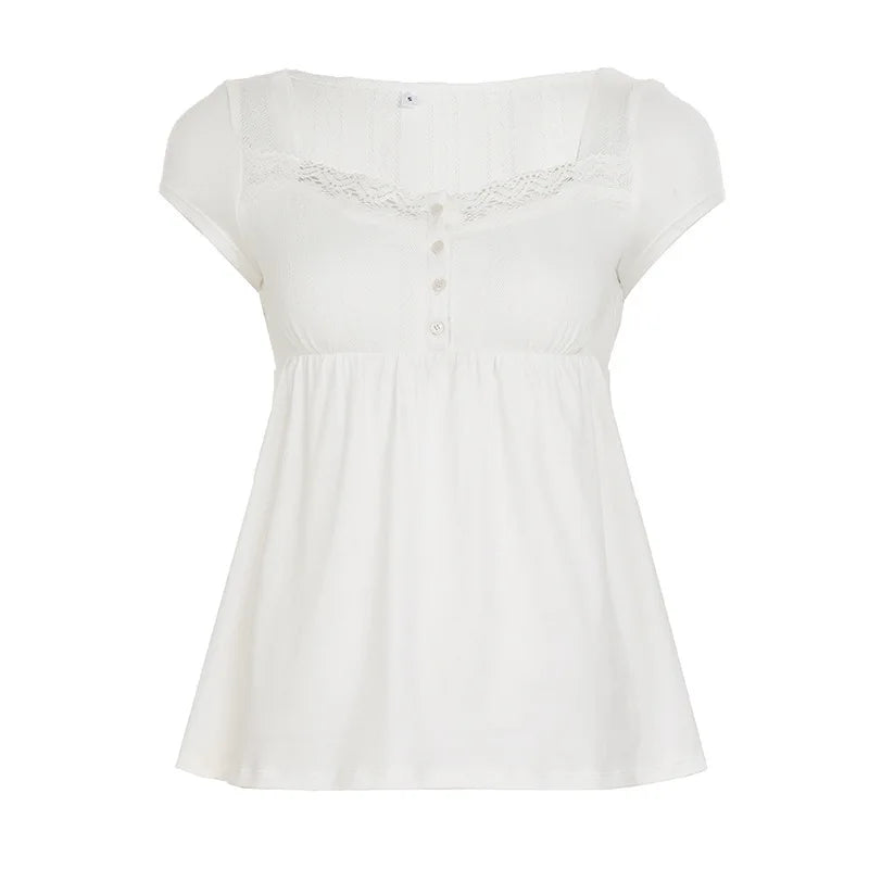 Lunivop  All Match Casual Summer Sweet Square Collar short Sleeve T Shirts Y2k Lace Edge Buttons Design Clothes Harajuku A-line Tops