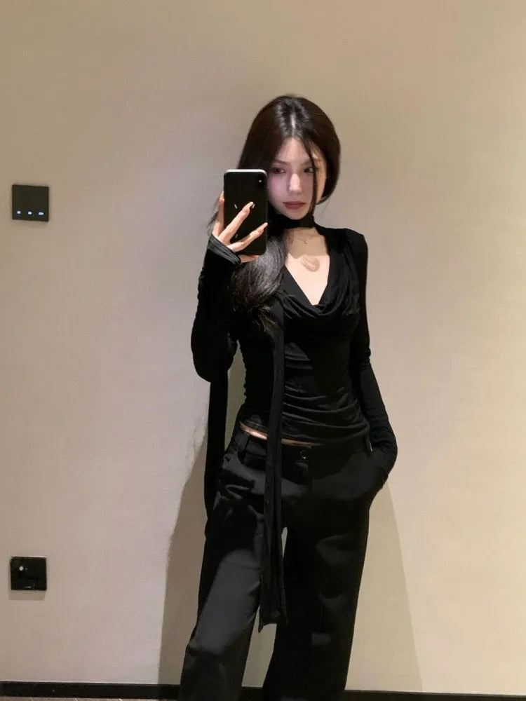 Lunivop  American Sexy V-neck Black T-shirts Irregular Slim Fit Long Sleeve Tee Shirt Spring New Long Sleeve Top for Women