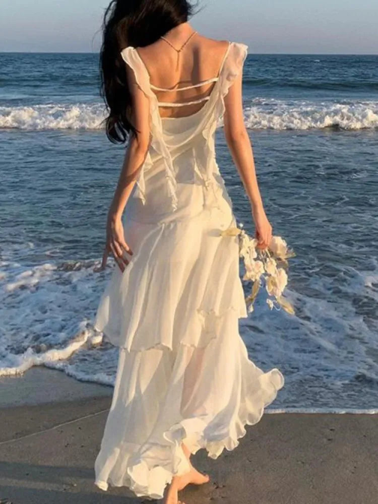 Lunivop  Women Elegant Backless Sexy Slip Dresses Summer New Fashion Asymmetrical Ruffles Holiday Beach Party Club Split Long Dress