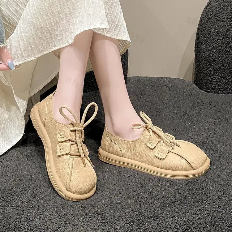 Lunivop Women Fahsion Round Toe Oxford Shoes Girls Ballerina Soft Sole Flats PU Leather Loafers Autumn New Lace Up Shoe Zapatos De Mujer