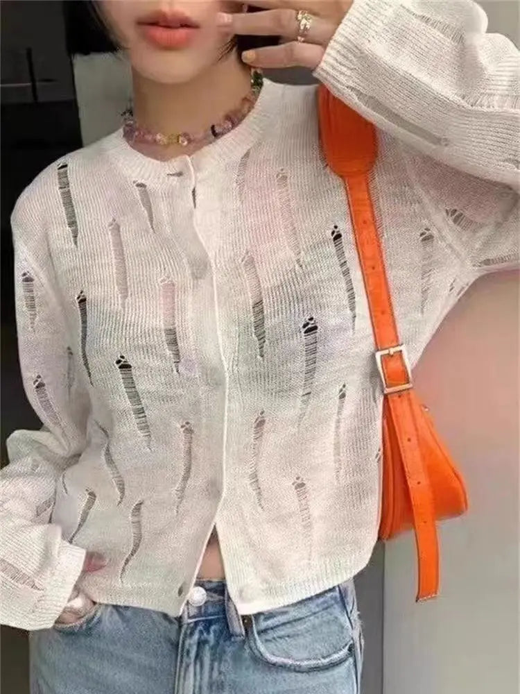 Lunivop Distressed Button Front Knit Top Sweater Cardigan Women Long Sleeve Ripped Blouse Summer Cover Up Teen-girl Grunge Y2K Outfit