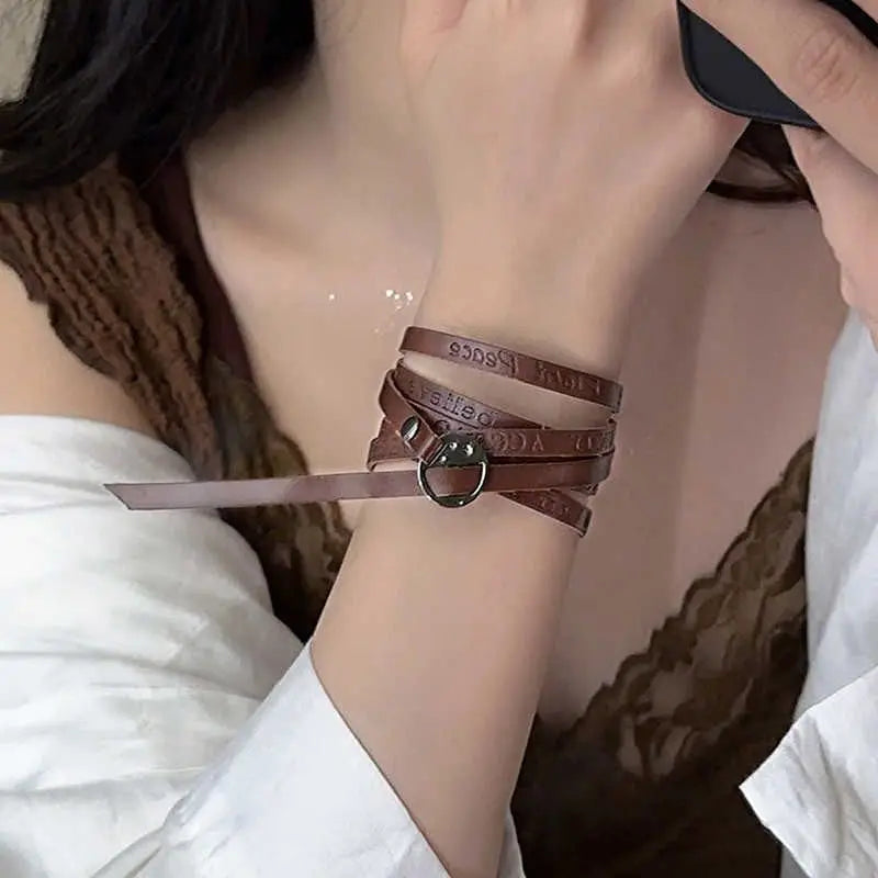 Lunivop Maillard Style Brown Artificial Leather Necklace for Women Adjustable Bracelet Multifunctional Choker Waist Chain Trendy Jewelry