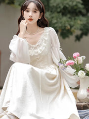 Lunivop  French Fairy Lantern Sleeve Midi Dress for Women Summer Elegant Retro Slim Sweet Party One Piece Dress Korean Casual Clothes