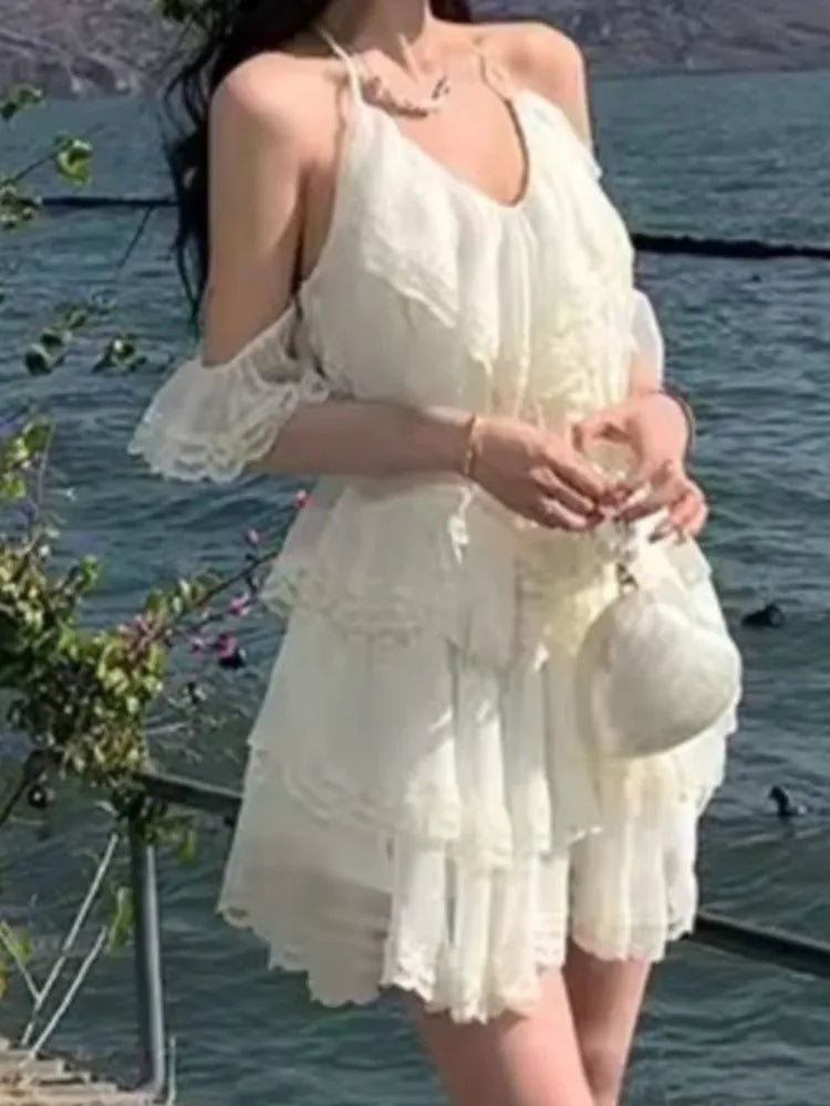 Lunivop  Basics Sweet Beige Long Dresess Ruffled Hdiday Straps Short V-Neck Dress Spring Summer Holiday midi elbiseler Vestidos New