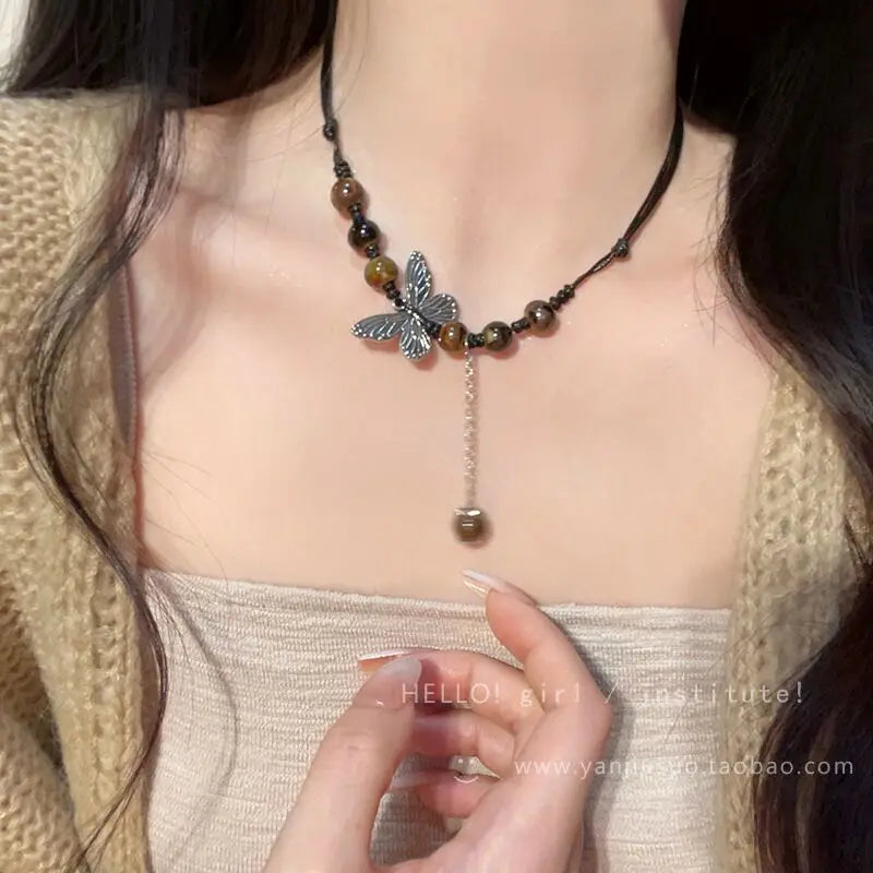 Lunivop Vintage Black Rope Handmade Natural Stone Beads Butterfly Pendant Necklace For Lovers Women Sweater Chain Aesthetic Jewelry