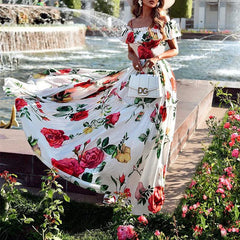 Lunivop  Summer Floral Print Slash Neck Beach Dress Women Casual Short Sleeved Pleated Bohemian Dresses Fashion Long Sundress