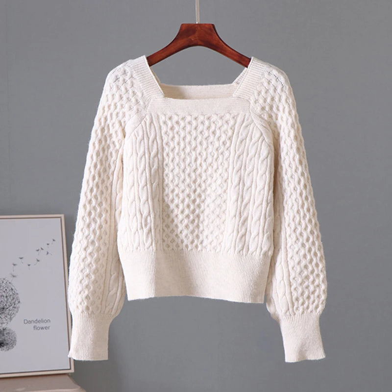 Lunivop Square Neck Knitted Sweater Long Sleeve Cable-knit Crop Jumper Women's Pulover Teen-girl Fall Winter 2025 Basic Outfit