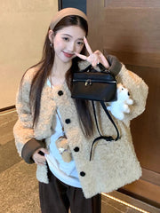 Lunivop  Cute Warm Faux Lamb Coat Women Loose Sweet Preppy Style Winter Jacket Casual O Neck Long Sleeve Vintage Korean Pockets Outwear