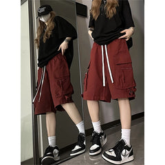 Lunivop Y2K Cargo Shorts Pants Women High Waist Drawstring Baggy Pockets Casual Knee-Length Shorts Bf Korean Streetwear Jogging Pants