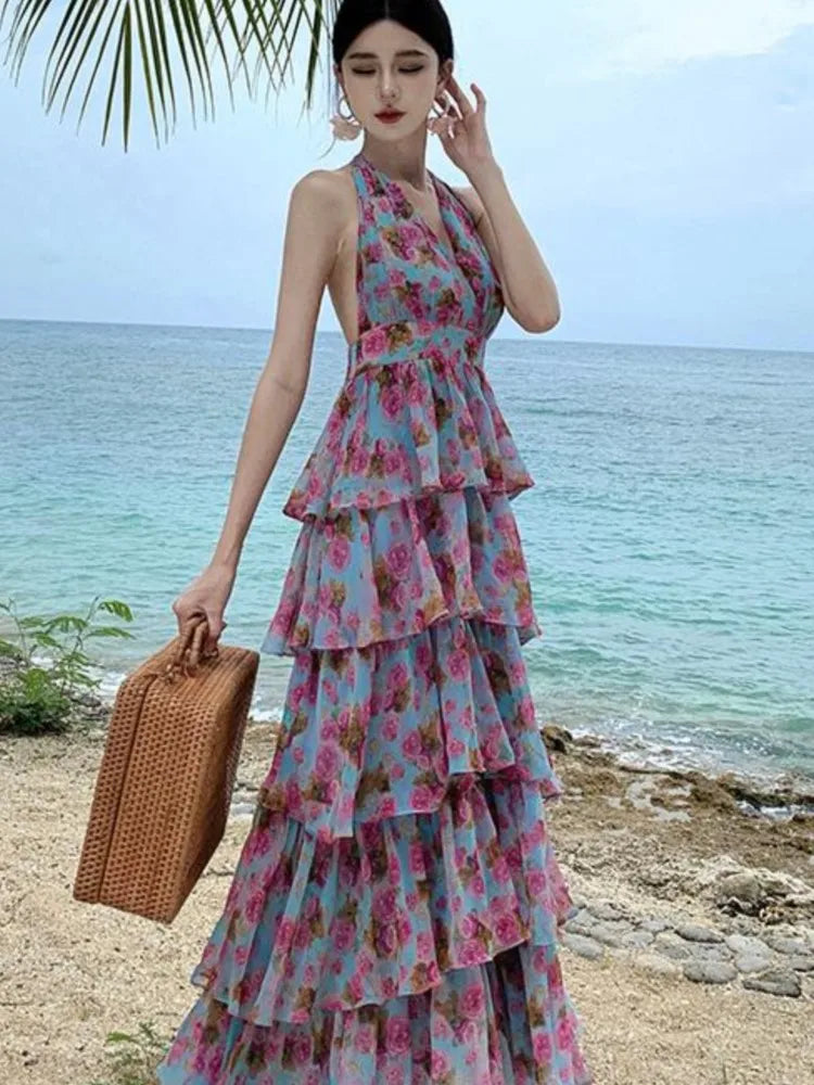 Lunivop Summer  Floral Neck Halter Dresses Women New French High Waisted Cake Dress Beautiful Romantic Flowers Vestido