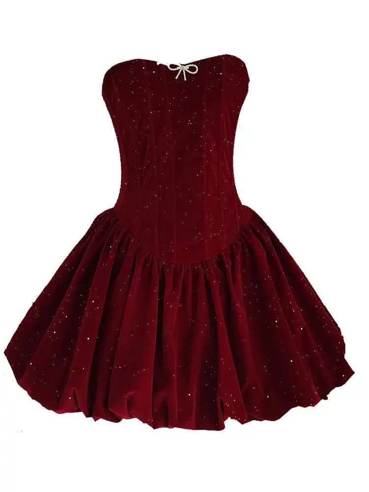 Lunivop  French Women's Velvet Lace-up Dresses Strapless High Waist Sleeveless Slim Elegant Dress Female Autumn 2025 New