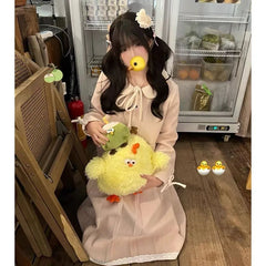 Lunivop  Harajuku Vintage Sweet Bow Pink Coat Women+ Autumn Winter Fashion Mid-length Ruched A-line Skirts New Two Piece Sets