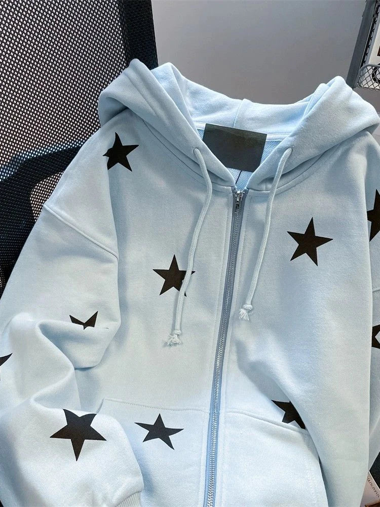 Lunivop Stars Print Hoodies Women Vintage Streetwear Long Sleeve Loos Blue Sweatshirts Casual Pockets Lace Up American Fall Tops