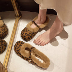 Lunivop Winter Fur Leopard Suede Mary Jane Shoes for Women Flats Snow Boots Cotton Shoes Ballet Dance Shoes Plush Warm Botas