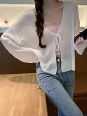 Lunivop Women Tie Up Short Cardigan Knitted Long Sleeve  Tie Front Shrug Cardigan Lightweight Cover Up Jacket Teen-girl Y2K Outfit
