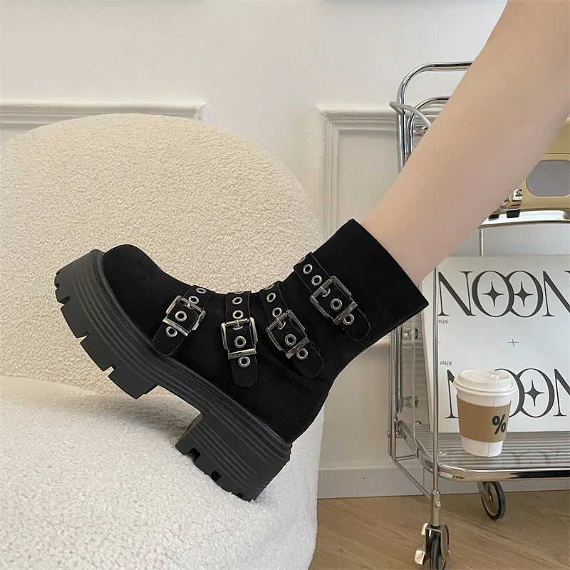 Lunivop Chunky High Heels Suede Platform Ankle Boots Women New Winter Fashion Belt Buckle Wedges Shoes Ladies Trend Punk Ankle Boots