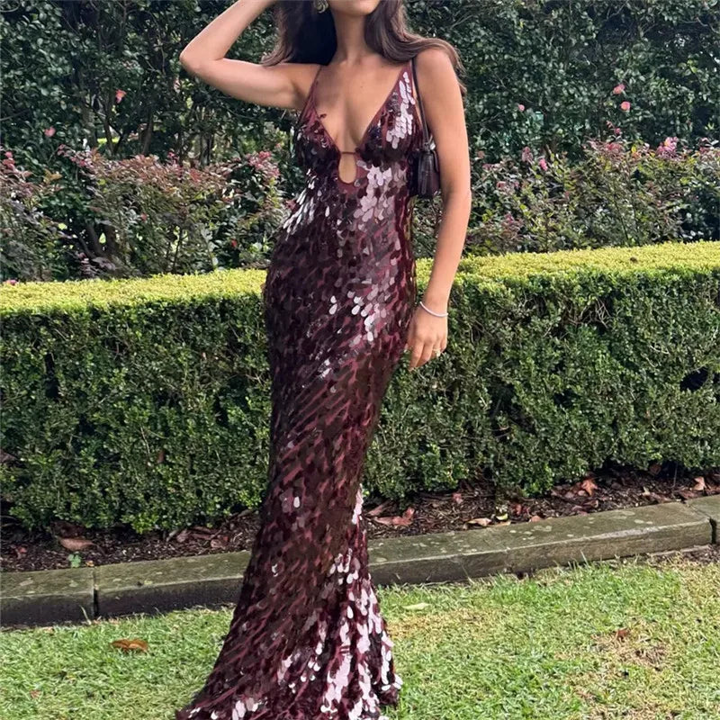 Lunivop  Glitter Sequins Spaghetti Straps Women's Long Maxi Dress Sleeveless Backless High Waist Sexy Evening Birthday Party Gown