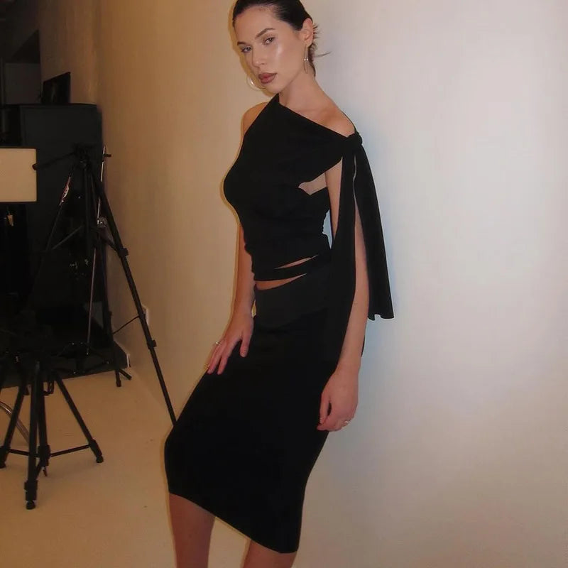 Lunivop Knotted Asymmetrical Sleeveless Crop Top Long Skirt Women'S Sets Elegant Evening Summer Streetwear Prom Ladies Clothes