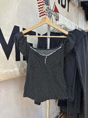 Lunivop  Polka Dot Lace Trim Square Collar T-shirts Women Retro Back Lace-up Slim Short Sleeve Tee Shirt Vintage Sweet Cute Tshirt Y2K