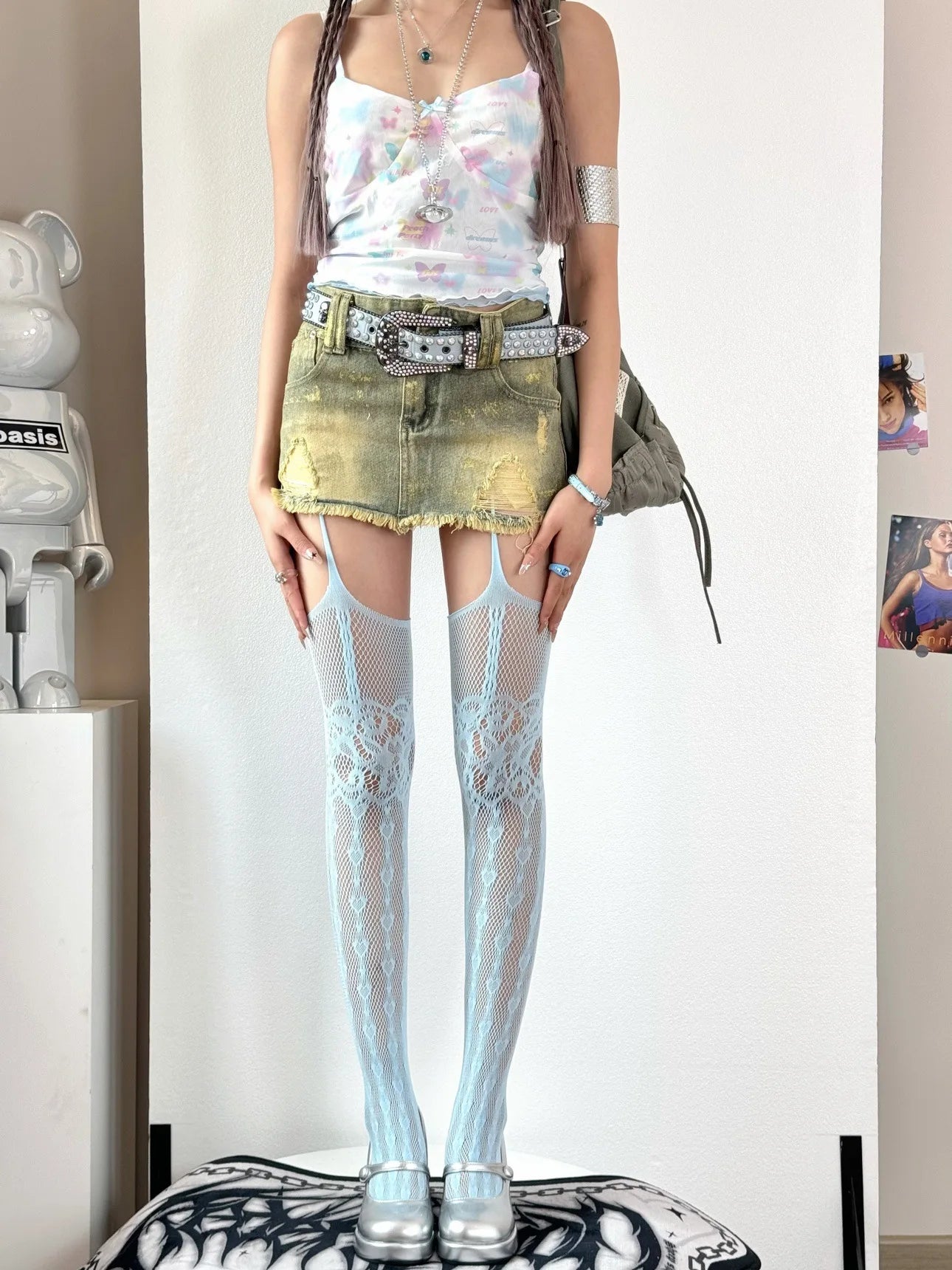 Lunivop Women Hollowed Fishnet Garter Belt Pantyhose Spicy Girl Sexy open crotch Punk Heart Patterned Sheer Thigh High Suspender Tights#