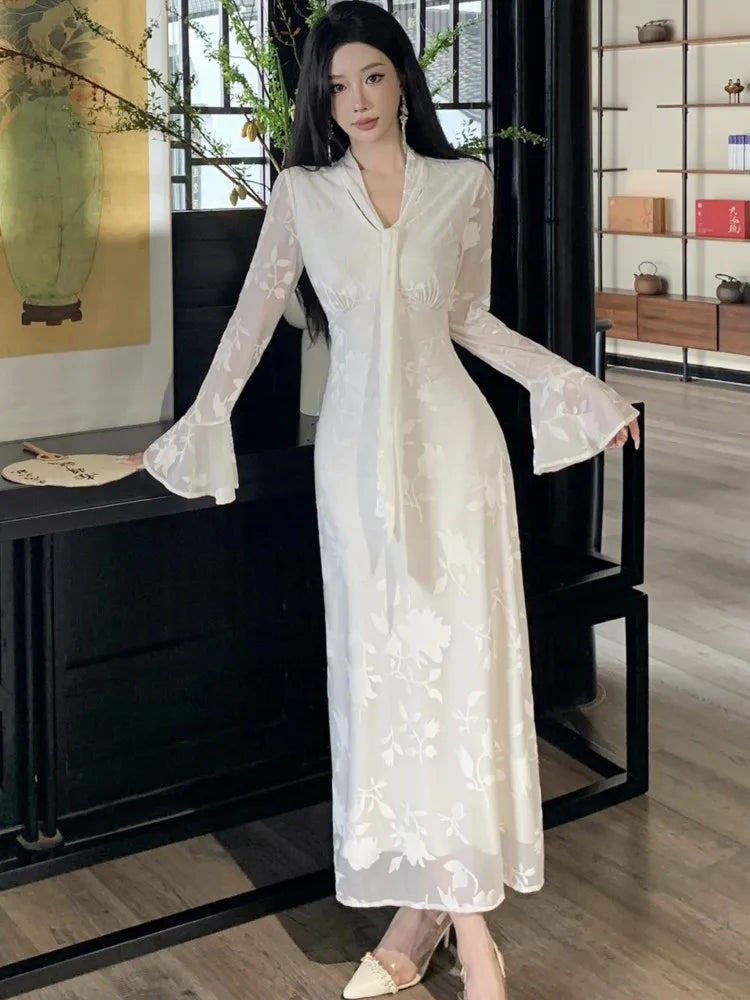 Lunivop  Elegant Flare Sleeve Long Dresses for Women New Autumn V-Neck Slim Wedding Runway Party Lace Vestidos Vintage Clothing Long Robe