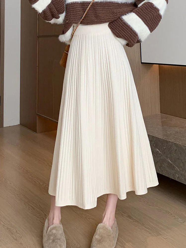 Lunivop Sweet Vintage Knitted Long Skirts Women Preppy Style High Waist Loose A Line Skirts Fall Winter Retro Simple Elegant Long Skirts