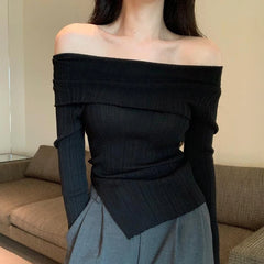 Lunivop Off Shoulder Knit Top for Women Long Sleeve Off-The-Shoulder Ribbed Knit Pullovers Women Sweater Y2K Outfit