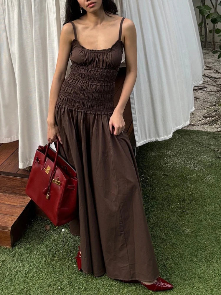 Lunivop  White Camisole Shirring Long Dress Women Slim Solid Sleeveless Casual High-Waist Pleats Streetwear New Female Maxi Dresss