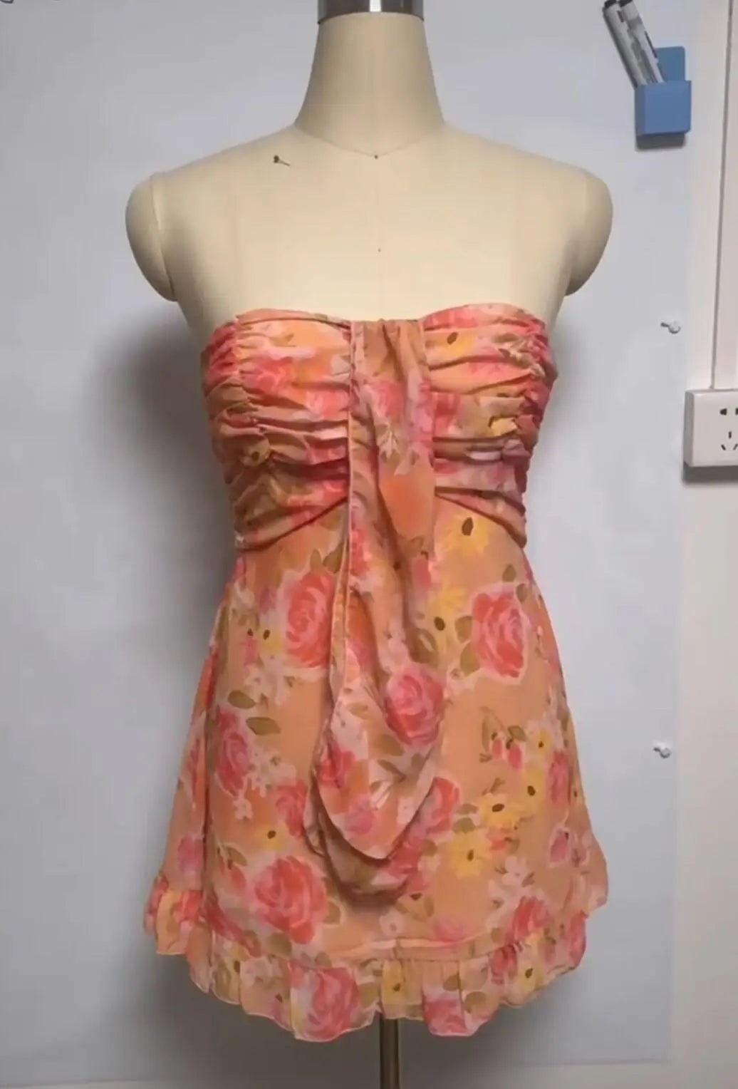 Lunivop  Floral Print Strapless Mini Chiffon Dress Women Ruffles Hem Party Irregular Frilled Elastic Bandage Backless Holiday Dress