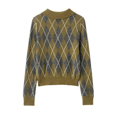 Lunivop  Vintage Casual Chic Women Sweater Argyle Long Sleeve Knitted Pullover Top Fashion Autumn Winter Short Sweater