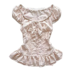 Lunivop  American Sweet Slim Spliced Lace O Neck Short Sleeve Blouse All Match High Street Y2k Buttons Clothes Summer Punk Draped Tops