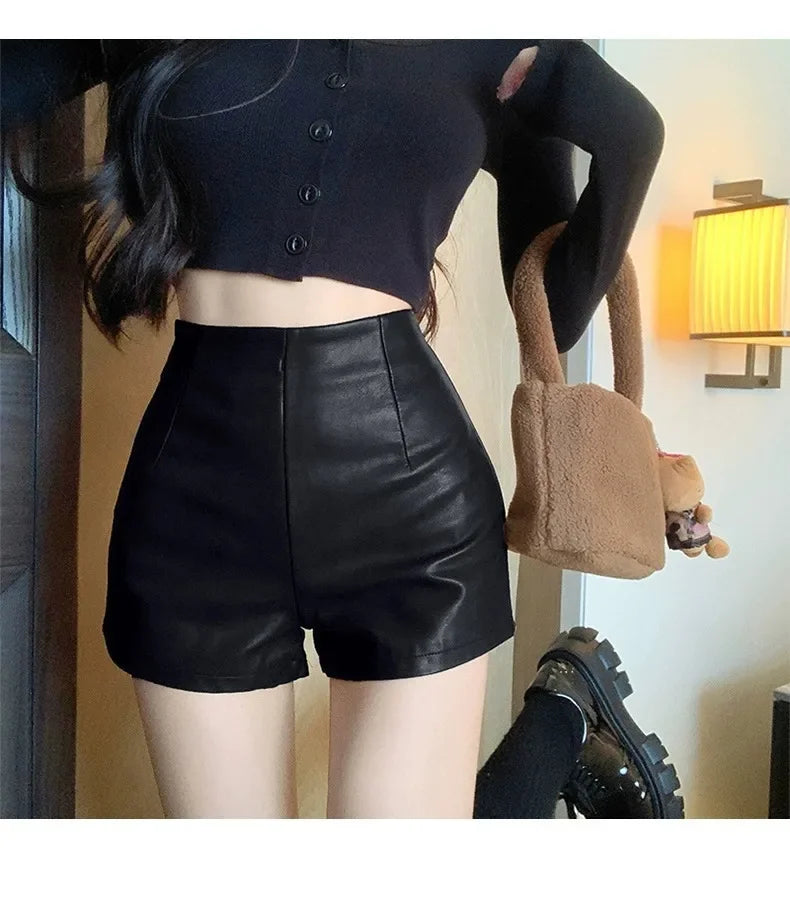 Lunivop Women's New Autumn Black Leather Shorts High-waisted Slimming Tight A- line Casual Pants For Smooth Slimmed Silhouette