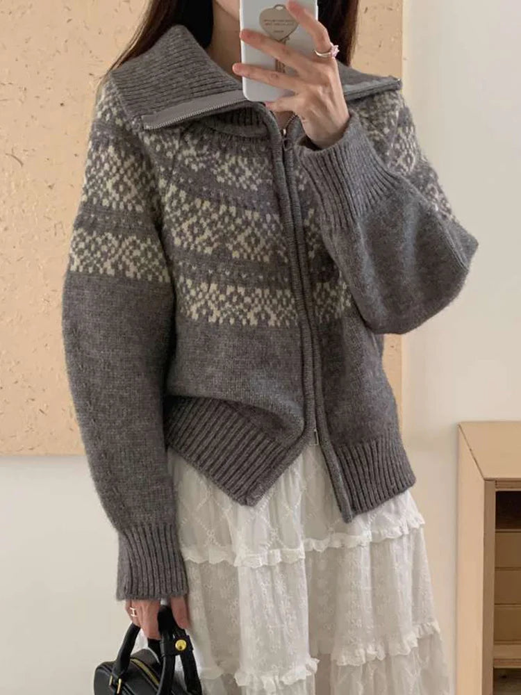 Lunivop Print Retro Zipper Cardigan Women Loose Turtleneck Long Sleeve Korean Knitted Sweaters Vintage Female Casual Sweet Tops New